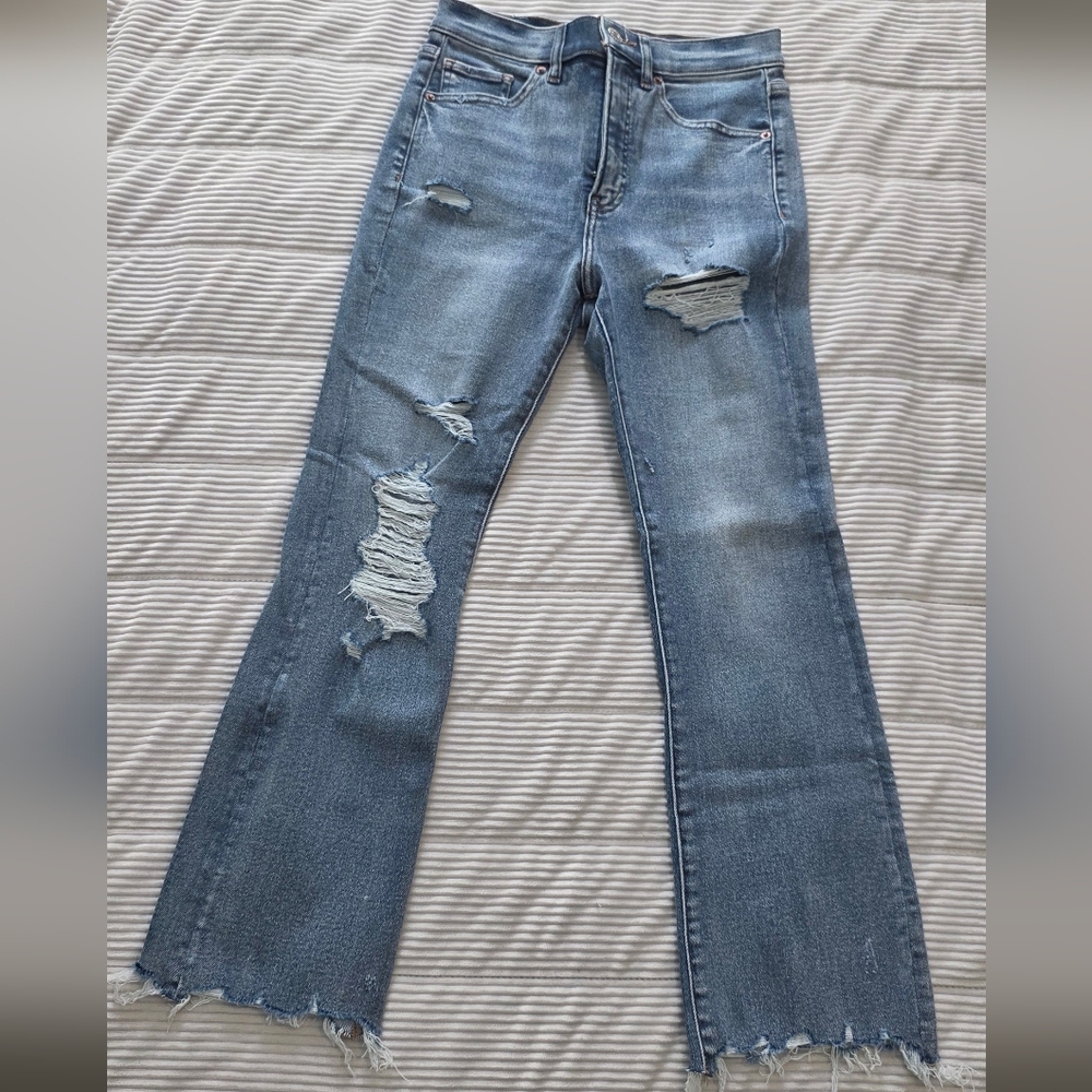 Express Distressed Medium Blue Flare Jeans - Picture 3 of 8